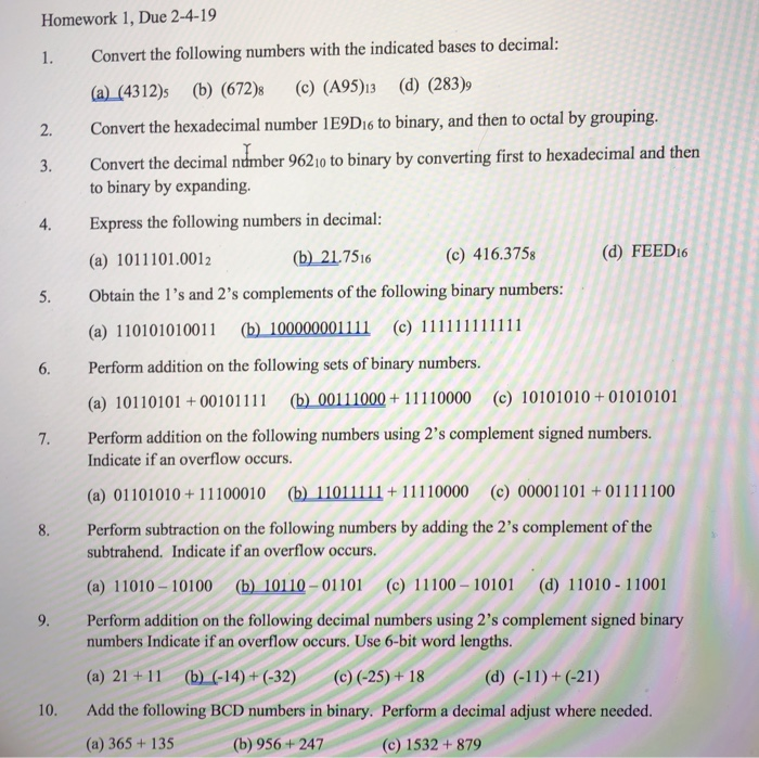 Solved Homework 1 Due 2 4 19 Convert The Following Nu Homework 1 Due 2 4 19 Convert The Following Numbers With