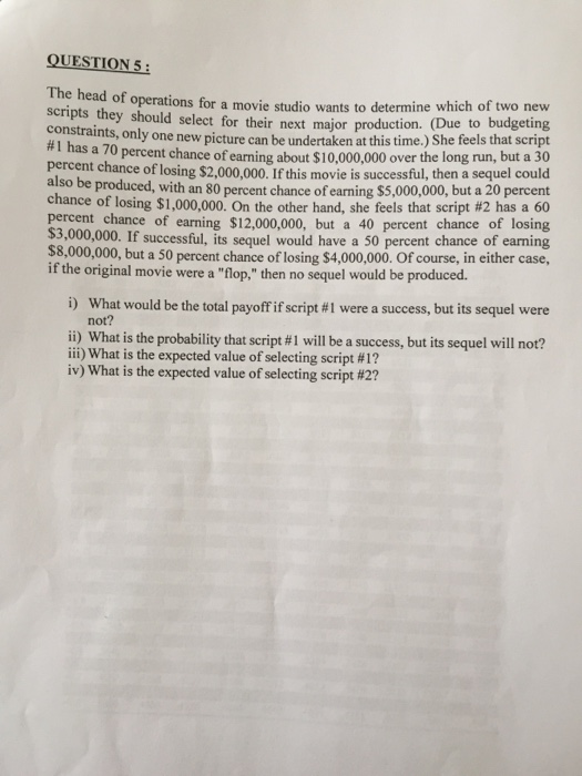 QUESTION 5 : of operations for a movie studio wants to determine which of two new cpts they should select for their next maior production. (Due to budgeting new picture can be undertaken at this time.) She feels that script a 70 percent chance of earning about $10,000,000 over the long run, but a 30 of losing $2,000,000. If this movie is successful, then a sequel could so be produced, with an 80 percent chance of earning $5,000,000, but a 20 percent chance of losing $1,000,000. On the other hand, she feels that script #2 has a 60 

<div class=