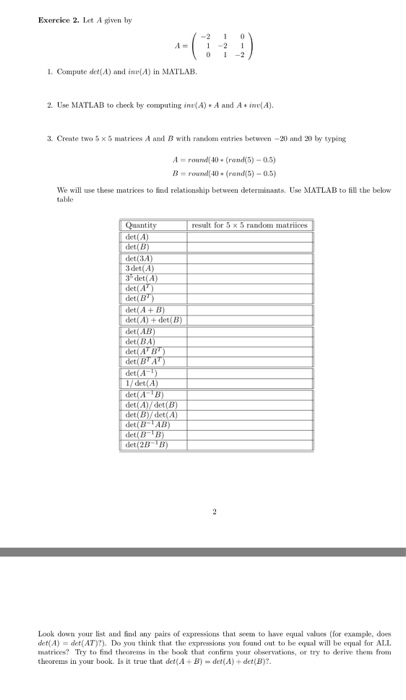 Exercice 2. Lat A given by 21 -2 1 1. Compute det(A) and ine(A) in MATLAB 2 Use MATLAB to check by computing in(A) A and A i(