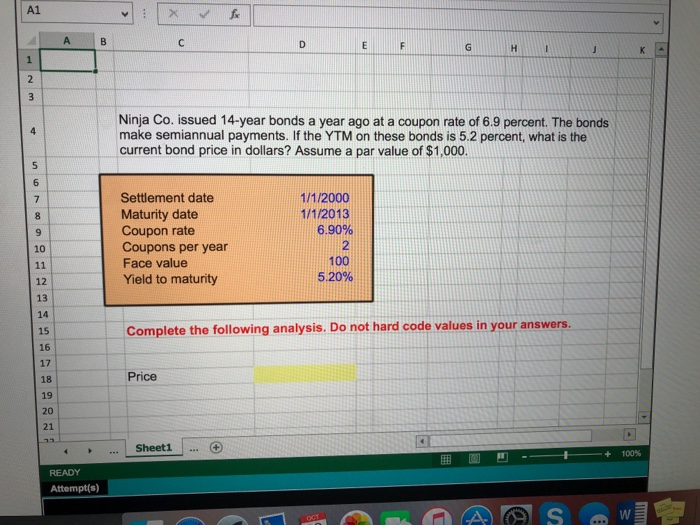 Solved Calculate Current Bond Price Using Excel Formula A Chegg Com