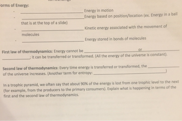 orms of Energy: Energy in motion Energy based on position/location (ex. Energy in a ball Kinetic energy associated with the movement of Energy stored in bonds of molecules that is at the top of a slide) molecules First law of thermodynamics: Energy cannot be or it can be transferred or transformed. (All the energy of the universe is constant) Second law of thermodynamics: Every time energy is transferred or transformed, the of the universe increases. (Another term for entropy: In a trophic pyramid, we often say that about 90% of the energy is lost from one trophic level to the next (for example, from the producers to the primary consumers). Explain what is happening in terms of the first and the second law of thermodynamics.