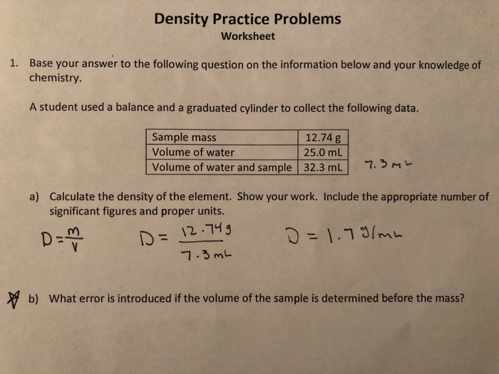 Solved Density Practice Problems Worksheet 1 Base Your A