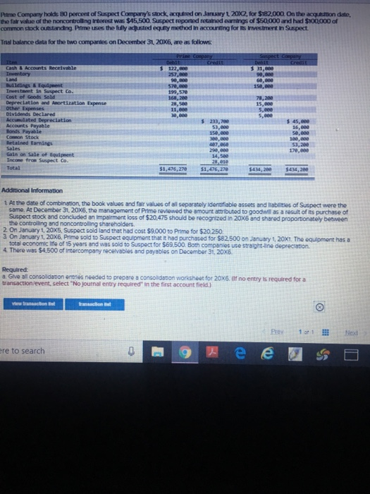 Ptme company holds 80 percent of suspect companys stock, acquired on jaruary 1 20x2, for $182,000. on the acquestion date, t