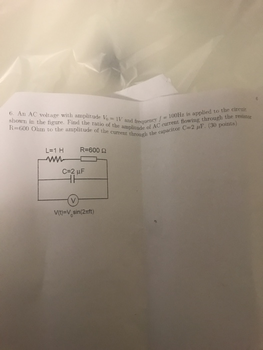 Solved 6 An Ac Voltage With Amplitude Lo Iv Shown In The Chegg Com