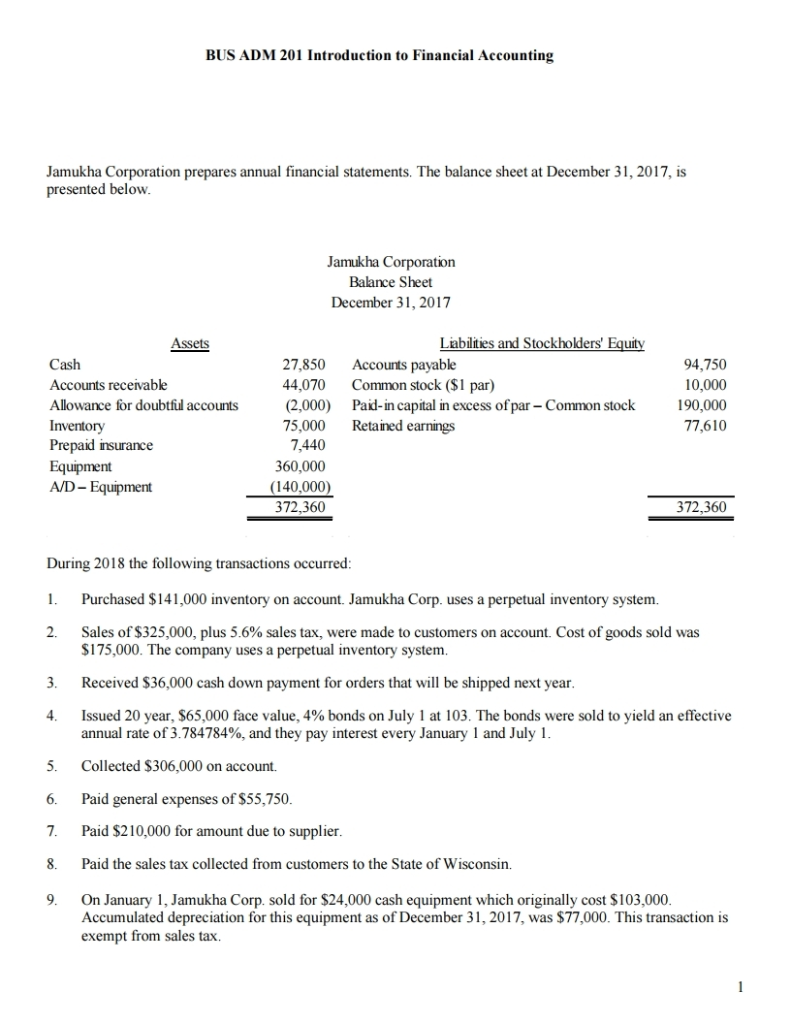 Bus Adm 201 Introduction To Financial Accounting J Chegg Com Bus Adm 201 Introduction To Financial Accounting J Chegg Com
