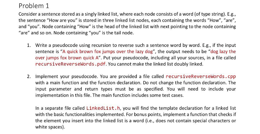 Problem 1 Consider A Sentence Stored As A Singly L