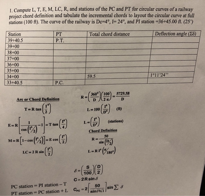 Solved 1 Compute L T E M Lc R And Stations Of The Chegg Com