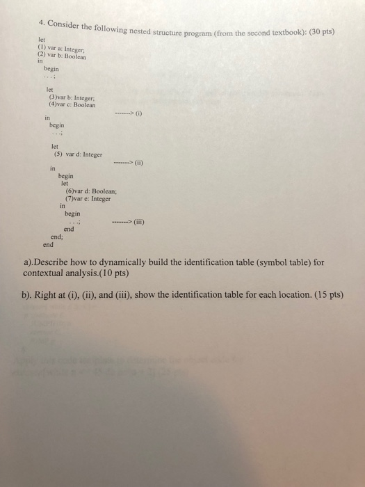 4. Consider the following nested structure program ( rom the second textbook): (30 pts) let (1) var a: Integer; (2) var b: Bo