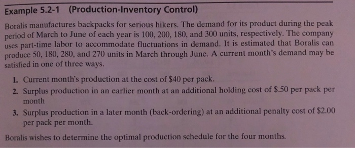 Example 5.2-1 (Production-Inventory Control) Boralis manufactures backpacks for serious hikers. The demand for its product during the peak period of March to June of each year is 100, 200, 180, and 300 units, respectively. The company uses part-time labor to accommodate fluctuations in demand. It is estimated that Boralis can produce 50, 180, 280, and 270 units in March through June. A current months demand may be satisfied in one of three ways. 1. Current months production at the cost of $40 per pack. 2. Surplus production in an earlier month at an additional holding cost of $.50 per pack per month 3. Surplus production in a later month (back-ordering) at an additional penalty cost of $2.00 per pack per month.