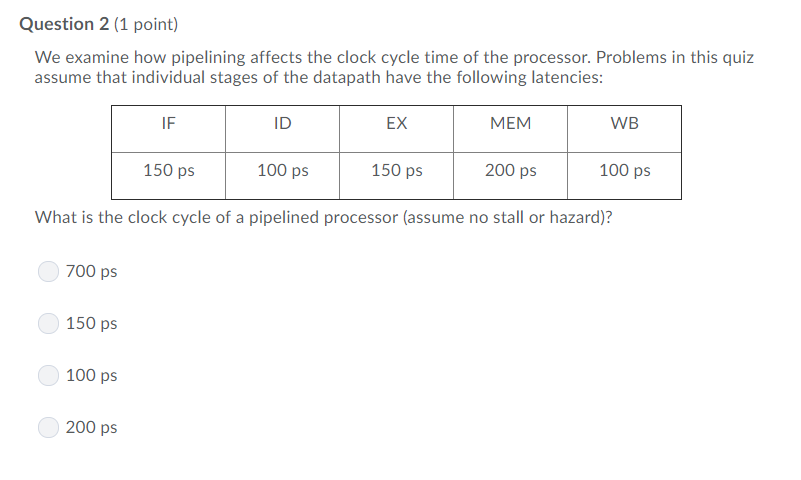 Question 2 (1 point) We examine how pipelining affects the clock cycle time of the processor. Problems in this quiz assume th