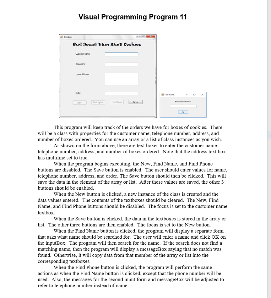 Visual Programming Program 11 Cookies Girl Scout Ghin mint Cookies Qustomer Name Ielephone Home Address Order Find Name ind P