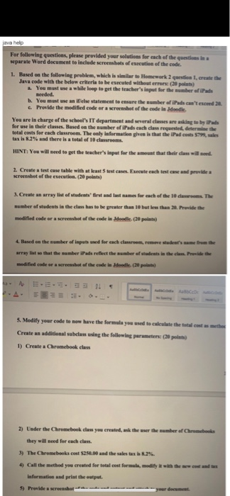 ava help For following questions, please provided your solutions for each of the questions ina separate Word decument to incl