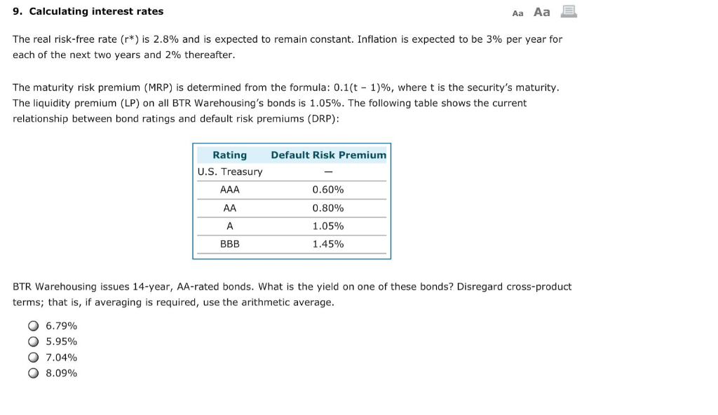 Solved Aa Aa 9. Calculating Interest Rates The Real Risk