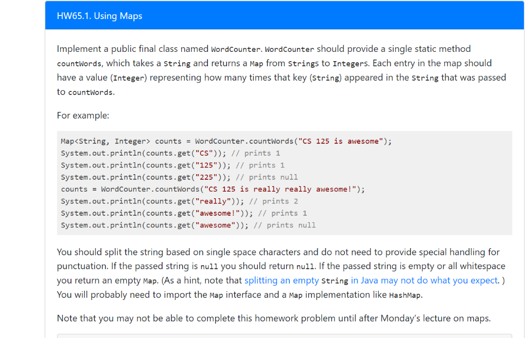 HW65.1. Using Maps Implement a public final class named WordCounter. WordCounter should provide a single static method countw