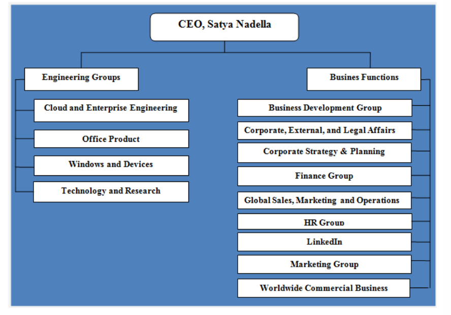 CEO, Satya Nadella Engineering Groups Busines Functions Cloud and Enterprise Engineering Business Development Group Corporate, External, and Legal Affairs Corporate Strategy & Planning Finance Group Global Sales, Marketing and Operations HR GrouD LinkedIrn Marketing Group Office Product Windows and Devices Technology and Research Worldwide Commercial Business