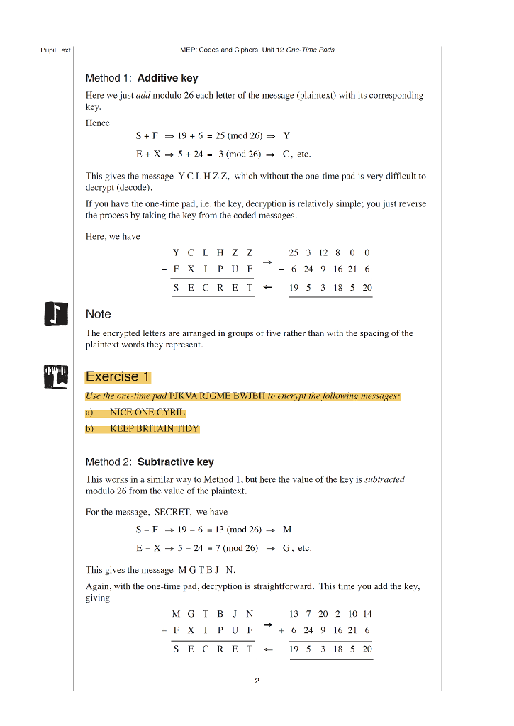 Solved Pupil Text Mep Codes And Ciphers Unit 12 One Tim Chegg Com