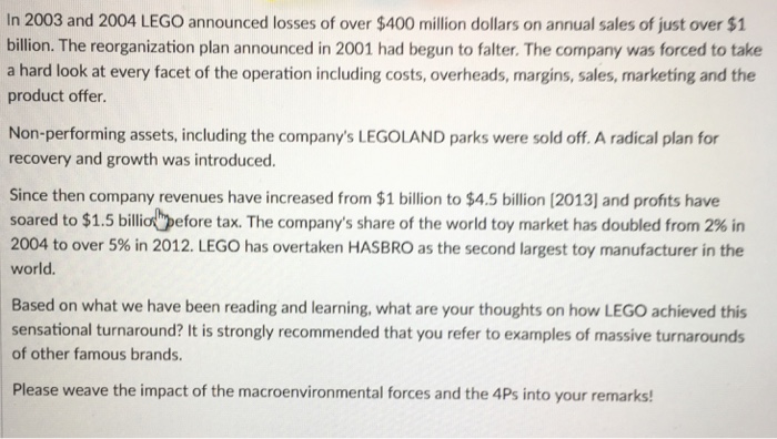 In 2003 and 2004 LEGO announced losses of over $400 million dollars on annual sales of just over $1 billion. The reorganization plan announced in 2001 had begun to falter. The company was forced to take a hard look at every facet of the operation including costs, overheads, margins, sales, marketing and the product offer. Non-performing assets, including the companys LEGOLAND parks were sold off. 

<div class=