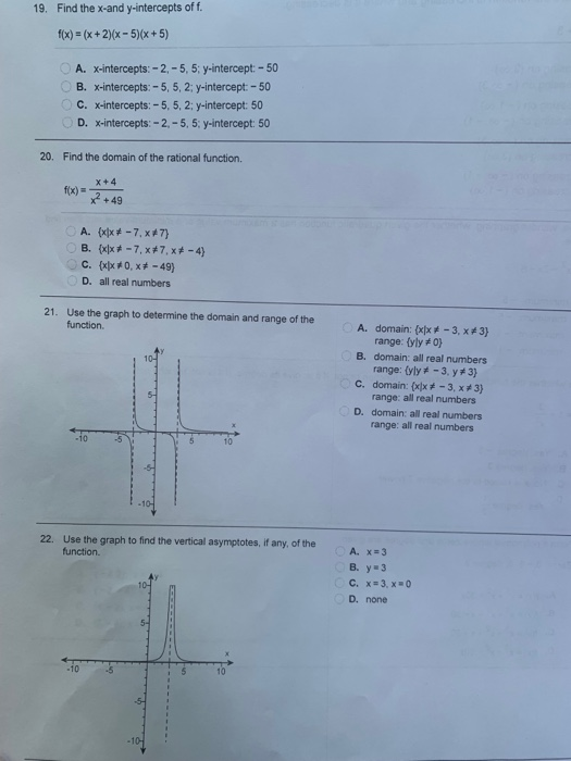 Solved 19 Find The X And Y Intercepts Of F Fx X 2 X 5 Chegg Com