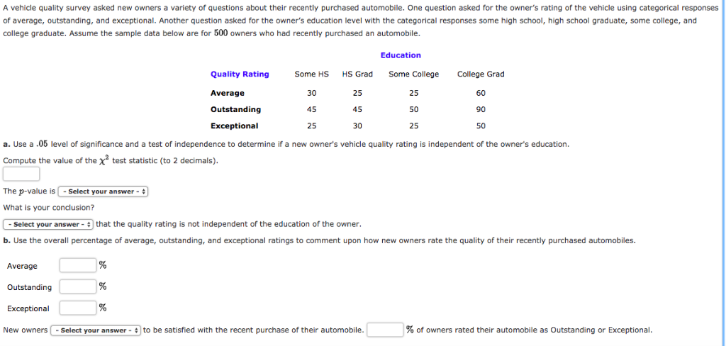 Solved A Select Your Answer 1 Can Conclude 2 Cannot C A Vehicle Quality Survey Asked New Owners Variety Of Questions About Their Recently Purchased Automobile
