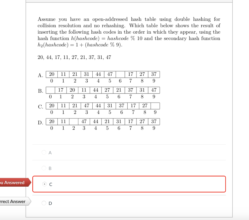 Assume you have an open-addressed hash table using double hashing for collision resolution and no rehashing. Which table below shows the result of inserting the following hash codes in the order in which they appear, using the hash function h(hashcode)-hashcode % 10 and the secondary hash function h2(hashcode)-1 + (hashcode % 9). 20, 44, 17, 11, 27, 21, 37, 31, 47 A. 20 11 21 31 44 47 17 27 37 0 1 23 45 6 78 9 в. Į T7 | 20 11 | 44 | 27 | 21 | 37 | 31 | 47 | 0 23 56 789 0 1 23 5 6 789 20 11 0 1 23 56 78 9 7 44 2131 172737 u Answered rrect Answer
