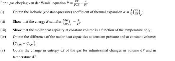 Solved For A Gas Obeying Van Der Waals Equation P Rt V Chegg Com