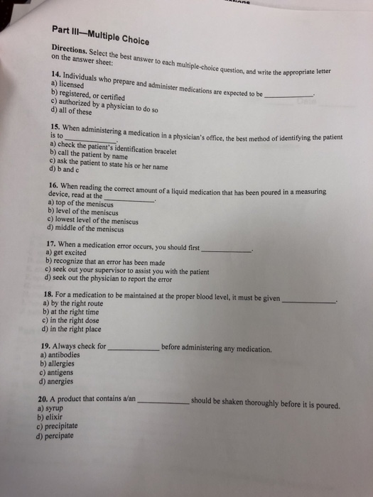 Solved Part IIl-Multiple Choice answer to each | Chegg.com