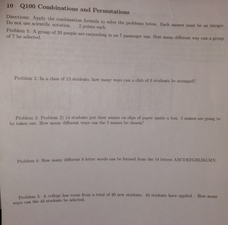 Q100 Directions 10 Permutations Combinations Solved: ... And