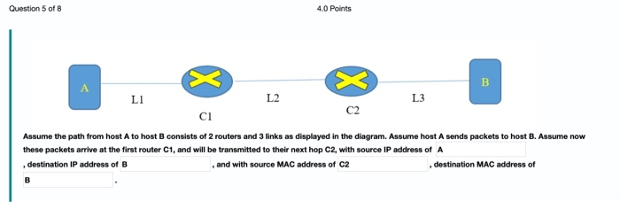 4.0 Points Question 5 of 8 し2 L3 Li C2 CI Assume the path from host A to host B consists of 2 routers and 3 links as displaye