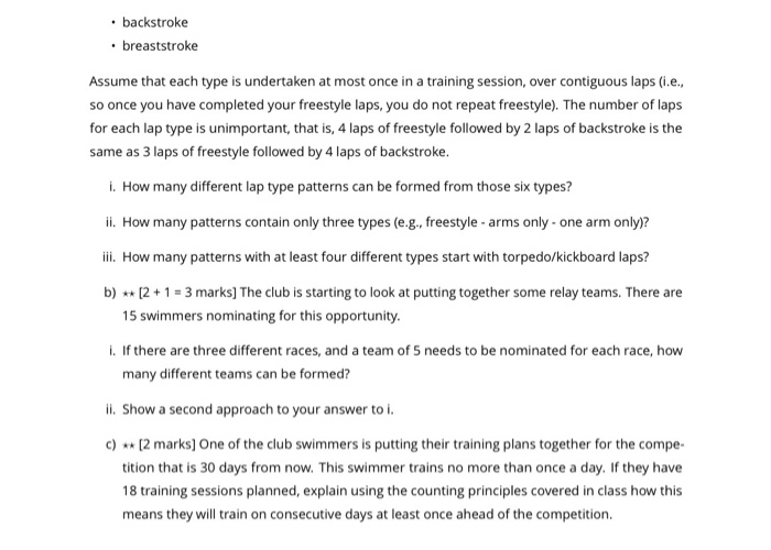 backstroke breaststroke Assume that each type is undertaken at most once in a training session, over contiguous laps (i.e. so