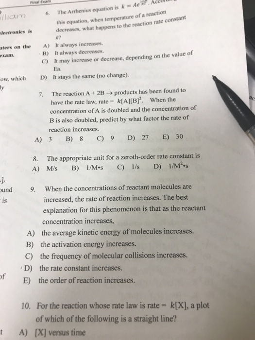 Solved The Arrhenius Equation Is K Ae This Equation Wh Chegg Com