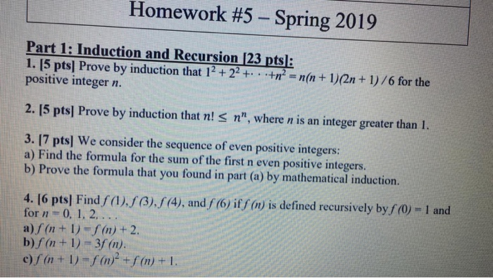 Solved Homework 5 Spring 19 Part 1 Induction Recursion L23 Pts 1 5 Pts Prove Induction L 2 22 N Q