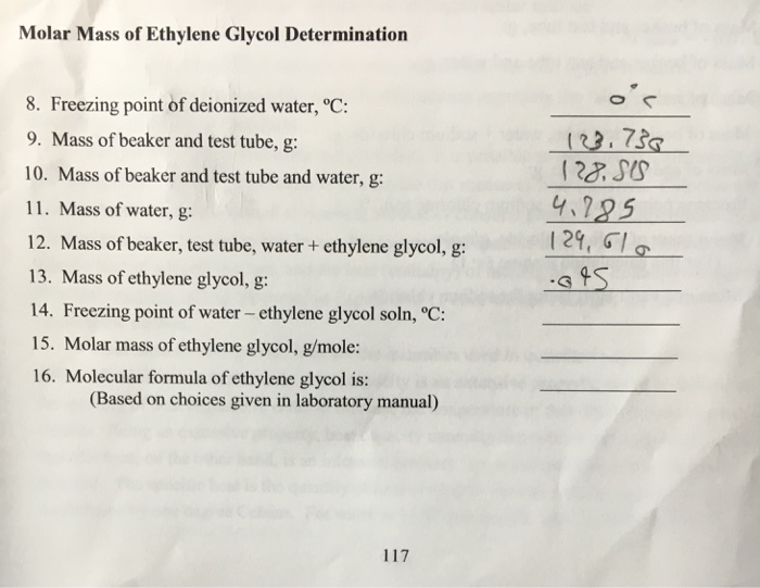 Molar Mass Of Ethylene Glycol Determination 8 Fre Chegg Com