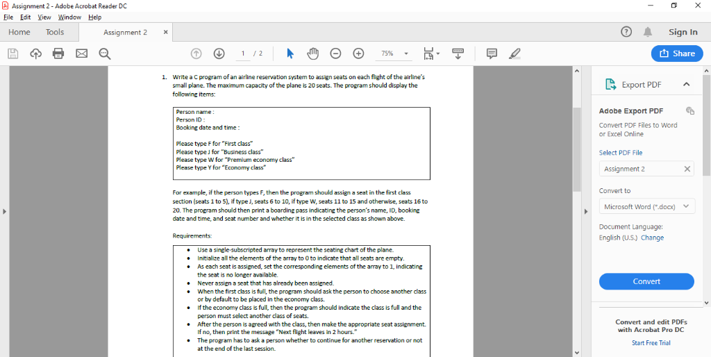 Assignment 2 - Adobe Acrobat Reader DC File Edit View Window Help Sign In Home Tools Assignment 2 Share 1. Write a C program