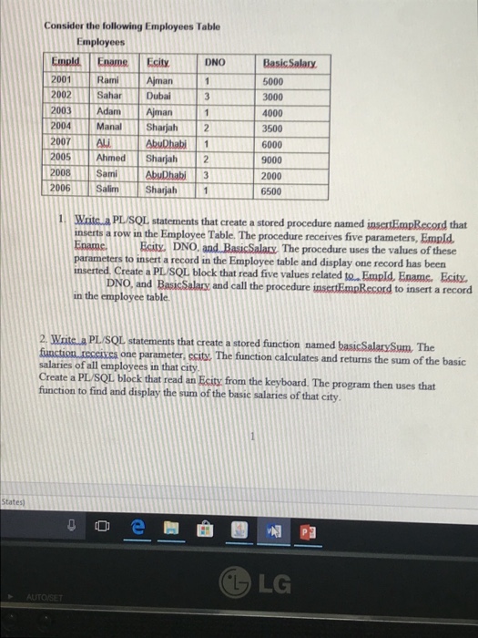Consider the following Employees Table Employees DNO Empld Ename Ecity 2001 Rami Ajman 2002 Sahar Dubai3 2003 Adam Ajman 2004Manal Sharjah2 5000 3000 4000 3500 6000 200718Shajah2000 2005 Ahmed Sharjah2 2008SamAbuDhabi3 2006SalinSharjah 9000 6500 1 Wrtca PL/SOL statements that create a stored procedure named insertEmpRecord that inserts a row in the Employee Table. The procedure receives five parameters, Empld Ename. Ecty DNO. and BasicSalary The procedure uses the values of these parameters to insert a record in the Employee table and display one record has been inserted. Create a PL/SOL block 

<div class=