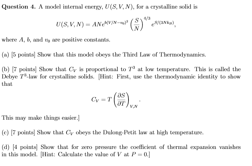 Question 4 A Model Internal Energy U S V N F Chegg Com