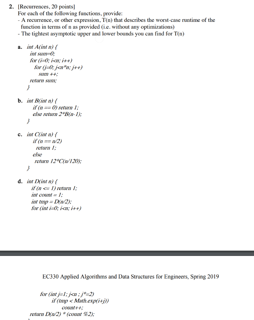 Solved 2 Recurrences Points Following Functions Provide Recurrence Expression T N Describes Wo Q