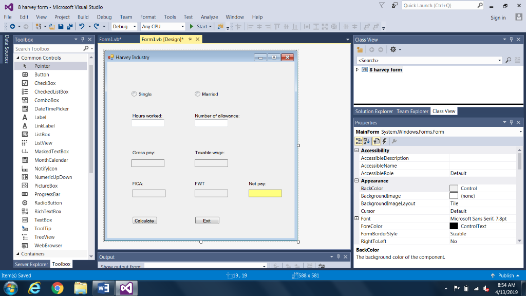 7 D< 8 harvey form -Microsoft Visual Studio File Edit View Project Build Debug Team Format Tools Test Analyze Window Help Y |