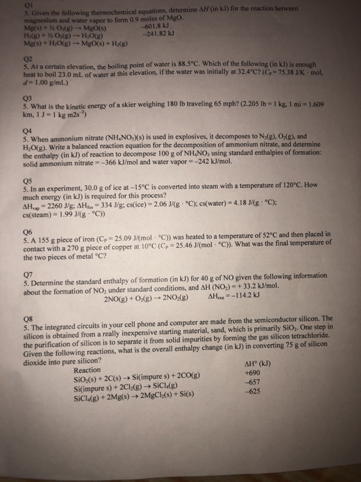 Solved Thermochemical Equations Determine Dh In Kj For Chegg Com