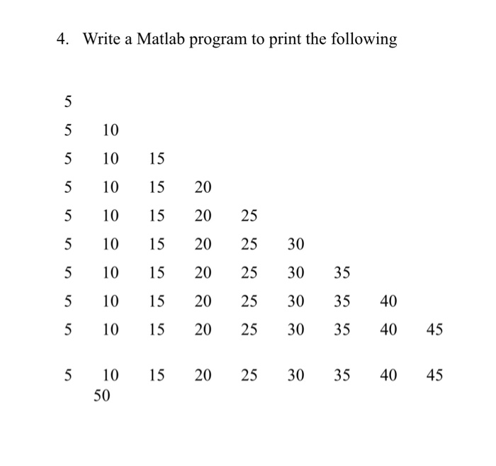 4. Write a Matlab program to print the following 5 10 5 10 15 5 10 15 20 5 10 1520 2:5 5 10 15 2025 30 5 10 15 2025 30 35 5 10 1520 25 30 35 40 5 10 1520 25 30 3540 45 5 10 15 2025 30 3540 45 50