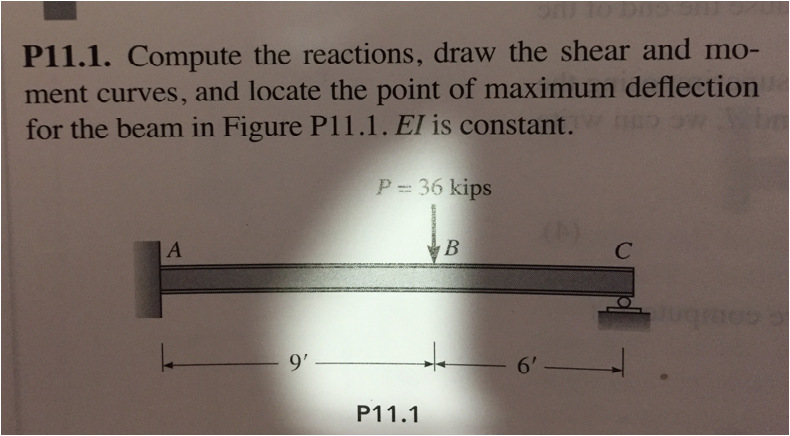 P11.1. Compute the reactions, draw the shear and mo- ment curves, and locate the point of maximum deflection for the beam in Figure P11.1. ET is constant. p 36 kips 9 6 P11.1