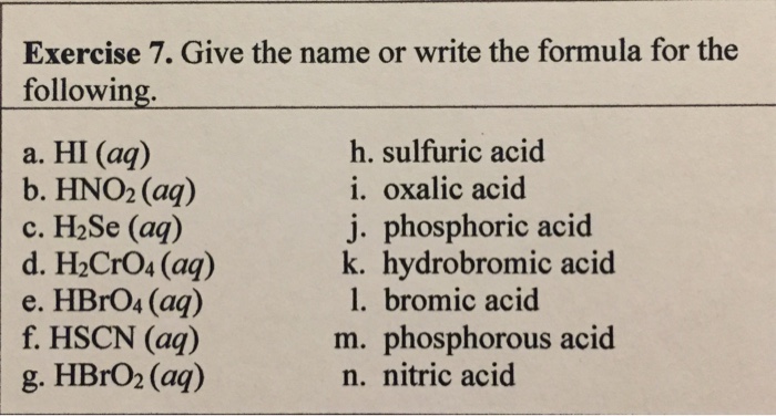 Solved Exercise 7 Give The Name Or Write The Formula For Chegg Com