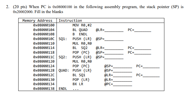 2. (20 pts) When PC is 0x08000100 in the following assembly program, the stack pointer (SP) is 0x20002000. Fill in the blanks