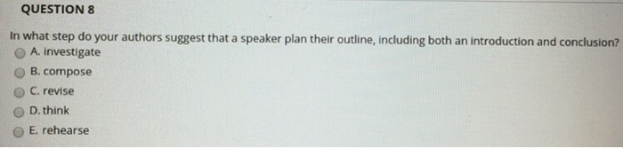 QUESTION 8 In what step do your authors suggest that a speaker plan their outline, including both an introduction and conclus