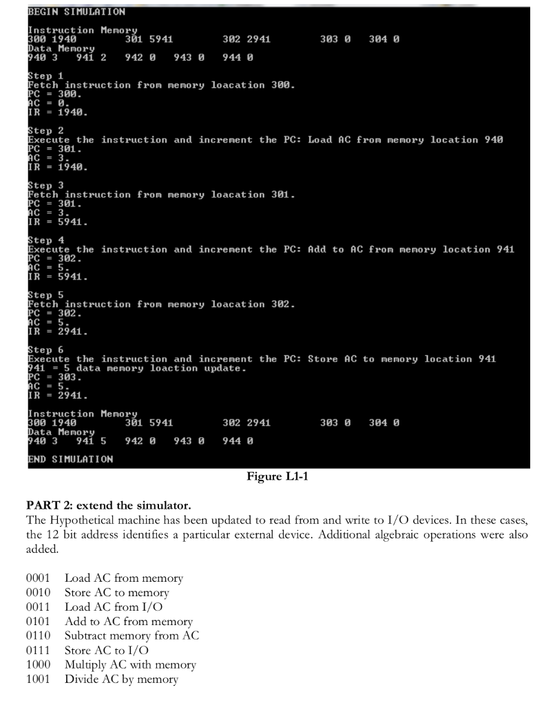 BEGIN SIMULATION Instruction Memor 00 1940 Data Memory 40 3 941 2 942 943 9440 301 5941 302 2941 303 304 0 tep 1 Fetch instruction from nenory loacation 300. PC300 IR 1940 tep 2 Execute the instruction and increment the PC: Load AC from nenory location 940 PC301 C3. IR = 1940. tep 3 etch instruction from menory loacation 301. PC301 IR5941 tep 4 Execute the instruction and increment the PC: Add to AC fron memory location 941 PC302. IR 5941. tep 5 Fetch instruction from menory loacation 302 PC302 IR 2941. tep 6 Execute the instruction and increment the PC: Store AC to nemory location 941 415 data memory loaction update PC303 IR-2941 Instruction Memory 00 1940 Data Memory 40 3 941 5 942 943 301 5941 302 2941 303 3040 944 END SIMULATION Figure L1-1 PART 2: extend the simulator The Hypothetical machine has been updated to read from and write to I/O devices. In these cases, the 12 bit address identifies a particular external device. Additional algebraic operations were also added. 0001 Load AC from memory 0010 Store AC to memory 001 Load AC from I/O 0101 Add to AC from memory 0110 Subtract memory from AC 0111 Store AC to I/O 1000 Multiply AC with memory 1001 Divide AC by memory