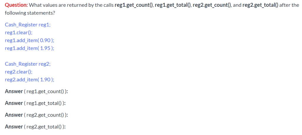 Question: What values are returned by the calls reg1.get_count(), reg1.get total), reg2.get count(), and reg2.get total) afte