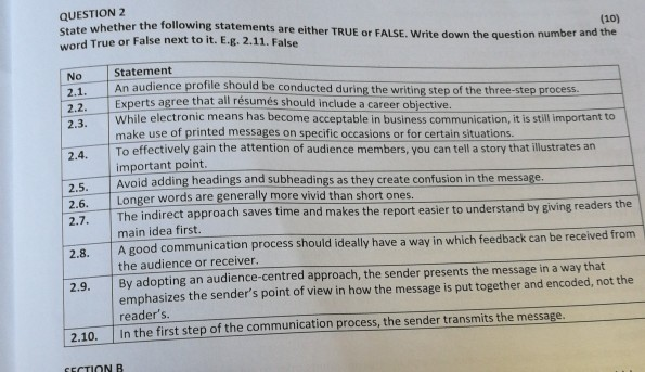 QUESTION 2 State whether the following stat word True or False next to it. E.g. 2.11. False (10) ite down the question number