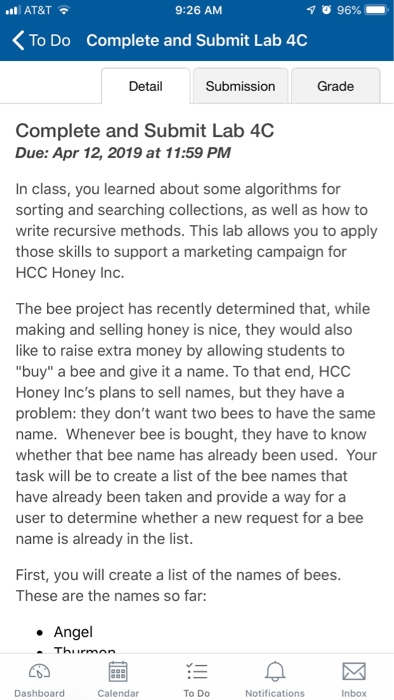 96% AT&T 9:26 AM To Do Complete and Submit Lab 4C Detail Submission Grade Complete and Submit Lab 4C Due: Apr 12, 2019 at 11: