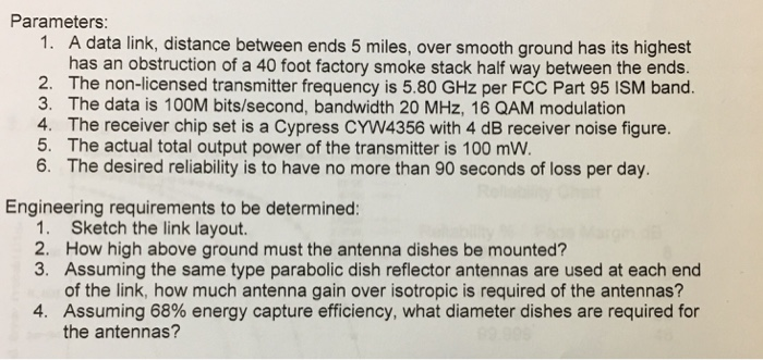 Parameters 1. A data link, distance between ends 5 miles, over smooth ground has its highest has an obstruction of a 40 foot