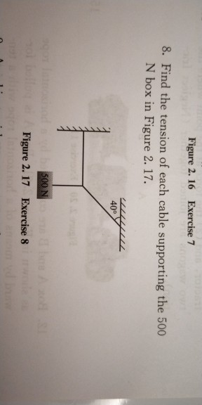 Figure 2. 16 Exercise 7 8. Find the tension of each cable supporting the 500 N box in Figure 2. 17. 40° Figure 2. 17 Exercise 8