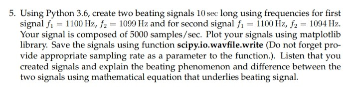 5. Using Python 3.6, create two beating signals 10 sec long using frequencies for first signal fi-1100 Hz, f2 1099 Hz and for